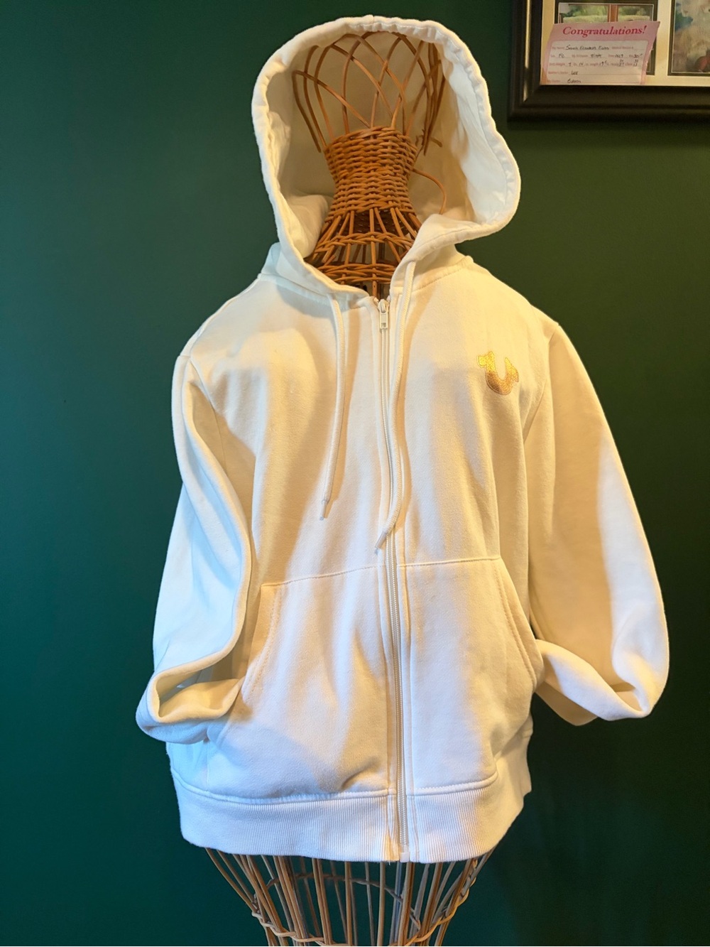 True Religion White Women’s Full-Zip Hoodie with Yellow Logo